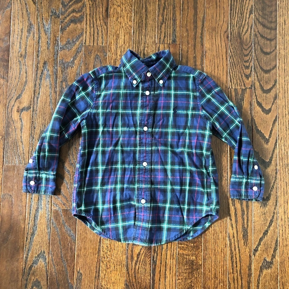 Ralph Lauren Boys 2/2T Navy Blue/Red/Green Plaid 100% Cotton Button-Down Shirt